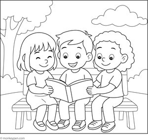 Illustrative coloring page depicting children seated together, engaged in reading a storybook—a supervised indoor activity fostering friendship and literacy among young participants.