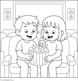 Illustration suitable for coloring depicting children seated together on movie theatre engaged in viewing a motion picture, exemplifying a delightful indoor scene of companionship for young audiences.