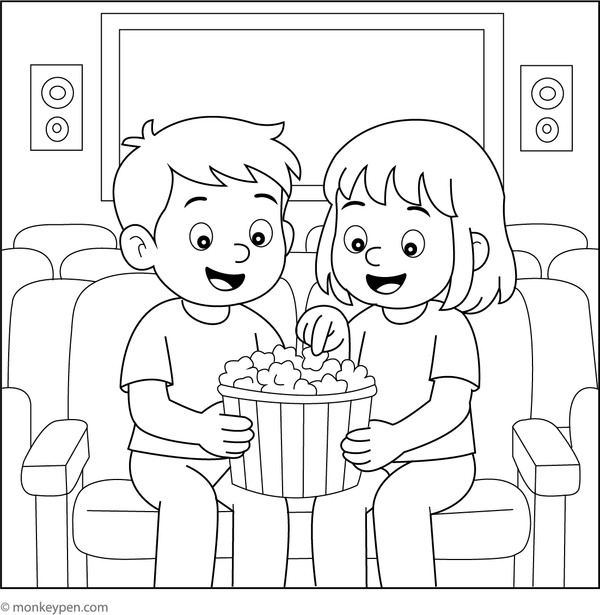 Illustration suitable for coloring depicting children seated together on movie theatre engaged in viewing a motion picture, exemplifying a delightful indoor scene of companionship for young audiences.