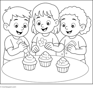 Coloring illustration showing friends partaking in a small gathering with cupcakes, illustrating a cheerful celebratory scene suitable for children.