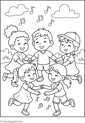 Coloring illustration of children performing a dance in a circle, holding hands, illustrating a joyful scene of friendship for young audiences.