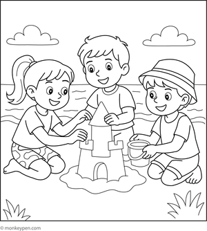 Coloring page depicting children playing on a sunny beach with sandcastles and toys, illustrating a fun outdoor scene for children.