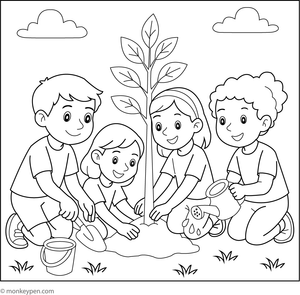 Coloring illustration of children planting a tree together in a garden, representing an environmentally friendly activity fostering friendship for kids.