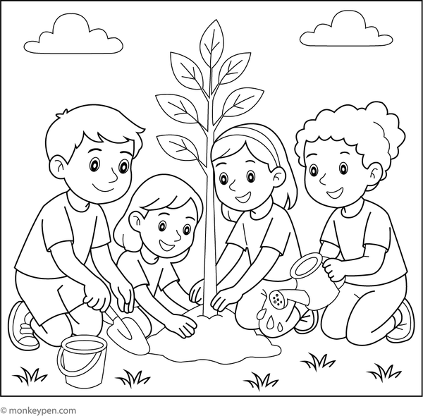 Coloring illustration of children planting a tree together in a garden, representing an environmentally friendly activity fostering friendship for kids.