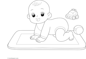 Baby crawling on a playmat with toys, ready to be colored.