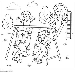 Artistic depiction of children engaged in playground activities such as swinging, sliding, and climbing within a lively outdoor setting.