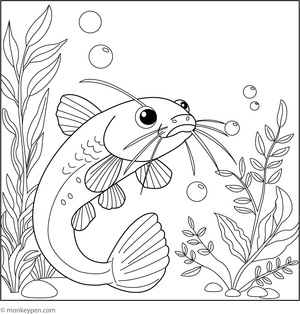 Catfish swimming in a bubbling river with playful water ripples and stones for kids to colour.