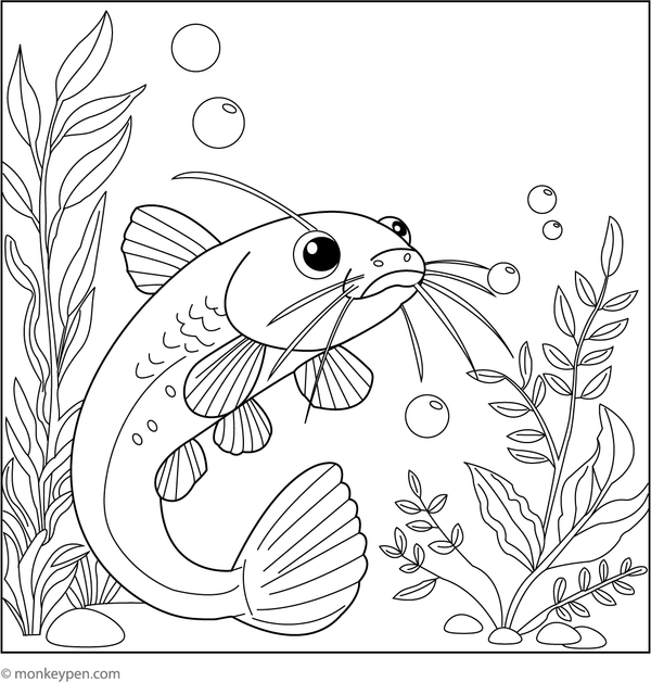 Catfish swimming in a bubbling river with playful water ripples and stones for kids to colour.