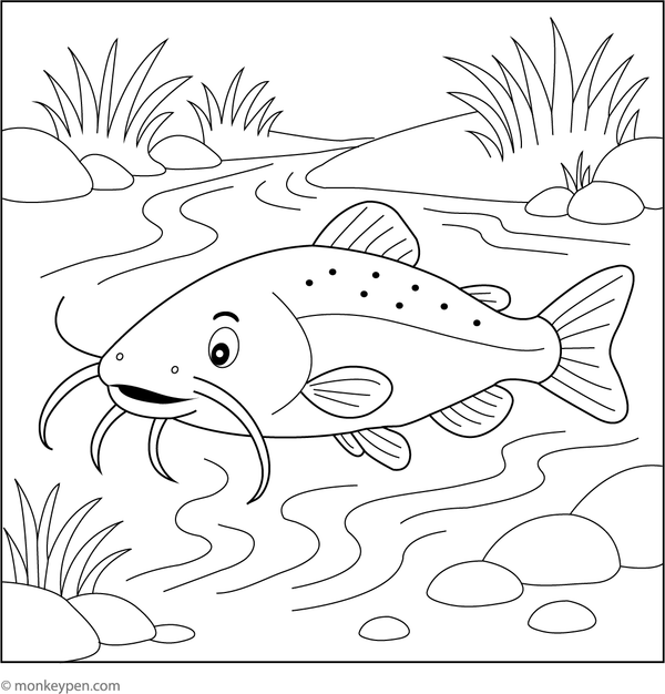 Calm catfish in a flowing stream with rippling water, pebbles, and plants for kids to colour.