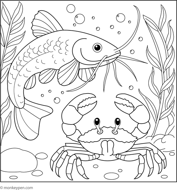 Underwater coloring sheet depicting a catfish encountering a red snapping crab amidst sea plants, suitable for children to color.