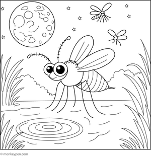 Printable coloring page of a mosquito flying under a glowing moon with twinkling stars for children to color.
