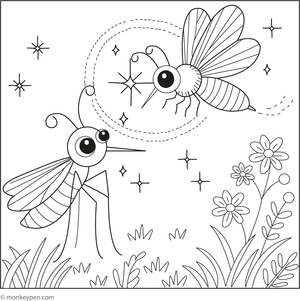 Fun children's coloring page showing a mosquito flying near glowing fireflies at night.