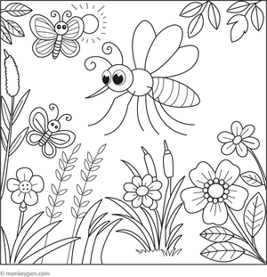 Printable coloring page of a mosquito flying through a vibrant flower garden for children to color.