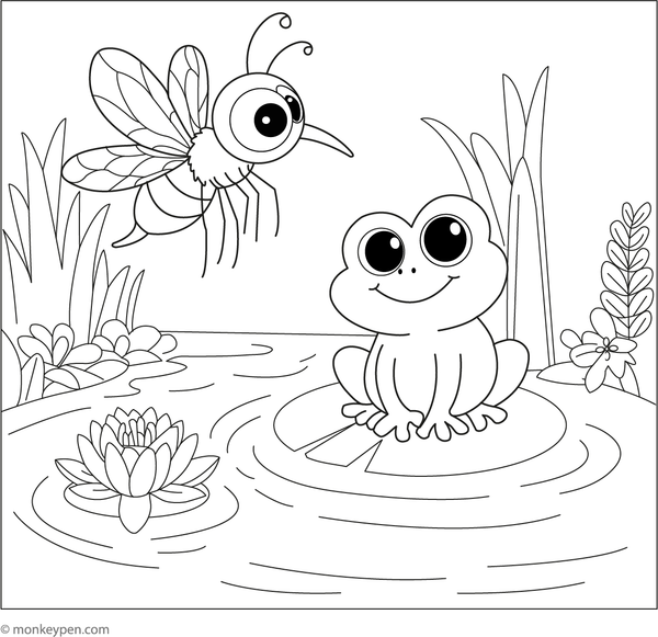 Playful coloring page of a mosquito meeting a smiling frog near a pond for children to enjoy.
