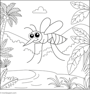 Children's rainforest coloring page with a mosquito flying among tall trees and lush foliage.