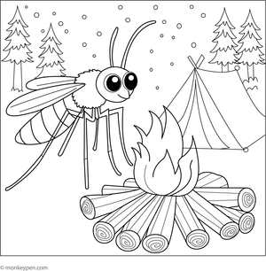 Children's coloring page depicting a mosquito flying near a campfire under a starry night sky.  