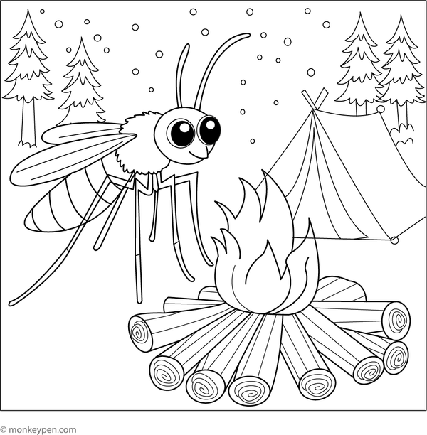 Children's coloring page depicting a mosquito flying near a campfire under a starry night sky.  