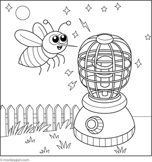 Children's coloring page depicting a mosquito flying near a bright bug zapper at night. 