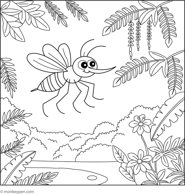 Adventure-themed coloring page of a mosquito exploring a lush green jungle. 