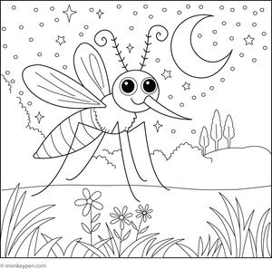 Night sky coloring page featuring a mosquito flying among stars and clouds for children to color.