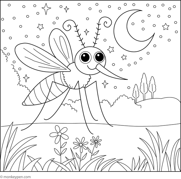 Night sky coloring page featuring a mosquito flying among stars and clouds for children to color.