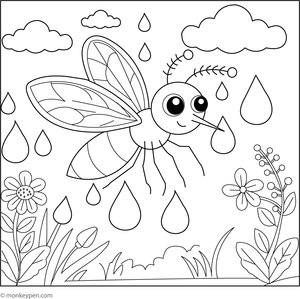 Adorable coloring page of a mosquito with sparkling raindrops on its wings after a rain.