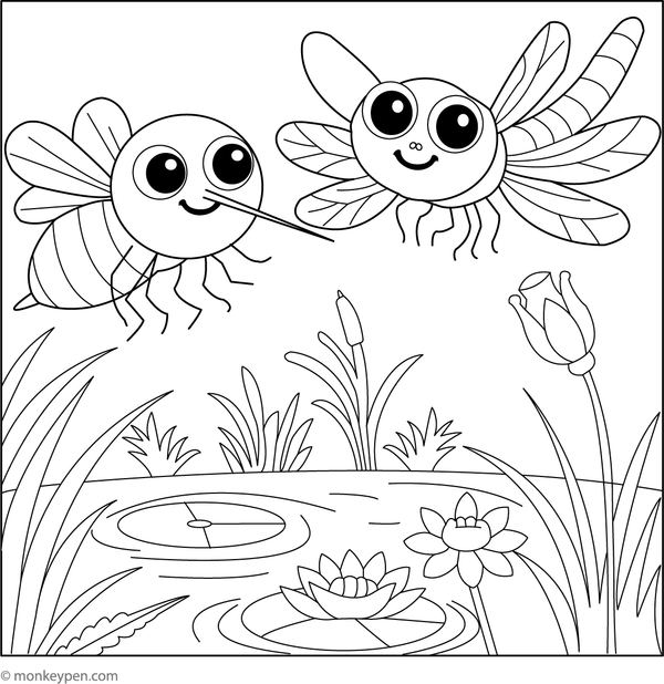 Fun coloring page of a cartoon mosquito flying beside a friendly dragonfly for children.
