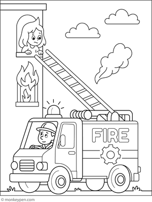 Brave fire truck racing to save the day, with flashing lights and ladders for kids to colour.