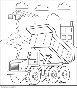 A large dump truck loaded with rocks at a construction site, perfect for children to colour and explore.