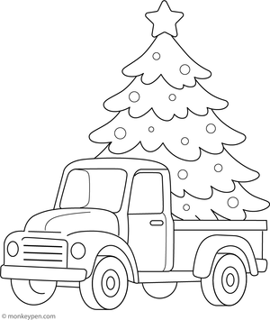 A festive Christmas truck carrying a big decorated tree, ready for children to colour in holiday spirit.
