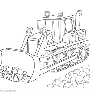 An illustration of a bulldozer operating at a construction site, pushing rocks, suitable for coloring and educational purposes.