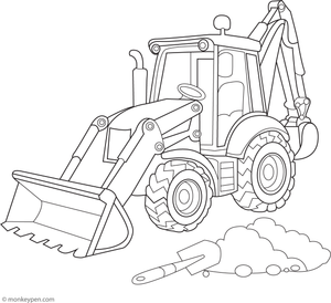 A detailed drawing of a backhoe loader excavating soil at a construction site, showing its digging and lifting arms for coloring.