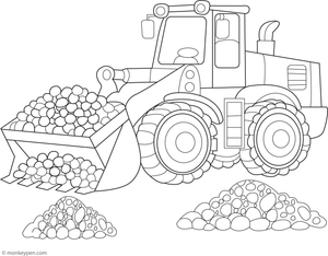 An illustration of a wheel loader transporting a load of gravel, designed for young learners to color and explore construction vehicles.