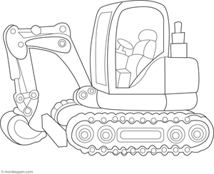 A detailed image of a mini excavator digging at a construction site, suitable for children to color.
