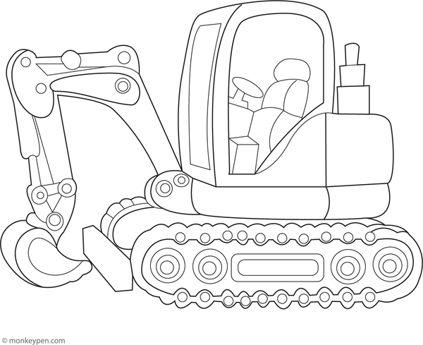 A detailed image of a mini excavator digging at a construction site, suitable for children to color.