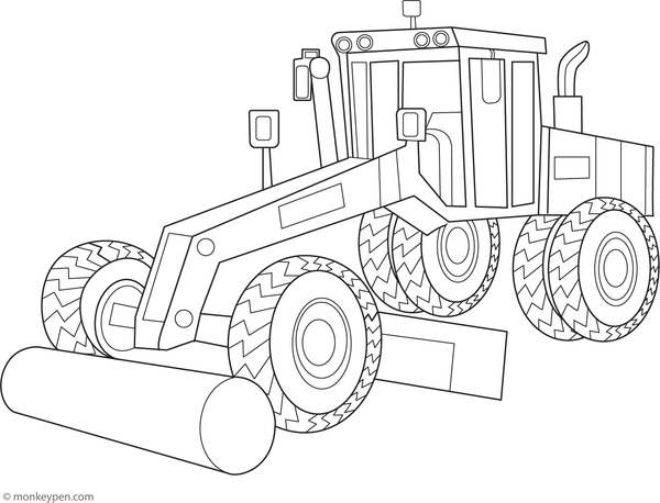 An illustration of a road grader smoothing a road surface, suitable for educational coloring.