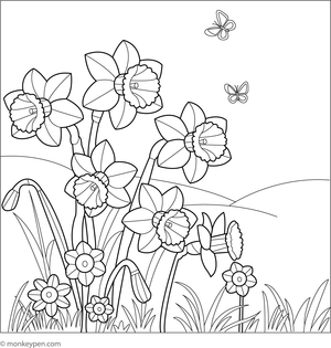 Free printable daffodils in a sunny meadow coloring page for children