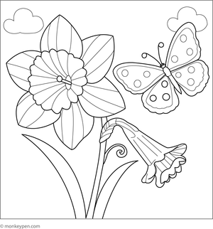 Free printable daffodil and butterfly coloring page for children with a spring nature theme.
