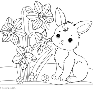 Free printable daffodils and bunny coloring page for children with spring flowers and a cute rabbit.
