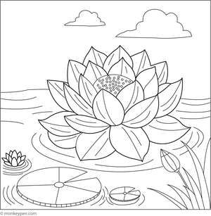 Coloring page of a lotus flower blooming gently on a tranquil pond, designed for children.
