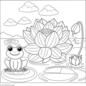 Children’s coloring page featuring a lotus flower with a cute frog sitting beside it.
