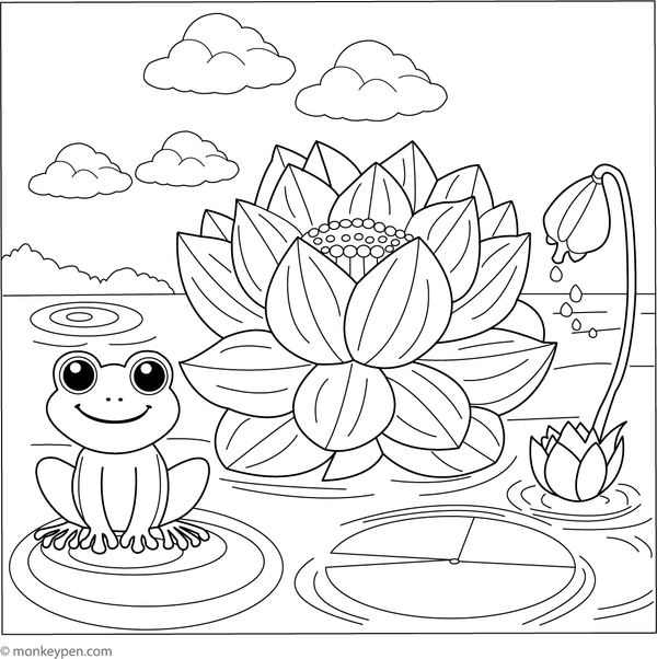 Children’s coloring page featuring a lotus flower with a cute frog sitting beside it.
