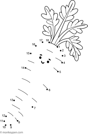 Printable dot-to-dot worksheet of a cartoon carrot with leafy top for children to connect and colour