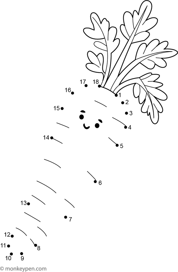 Printable dot-to-dot worksheet of a cartoon carrot with leafy top for children to connect and colour