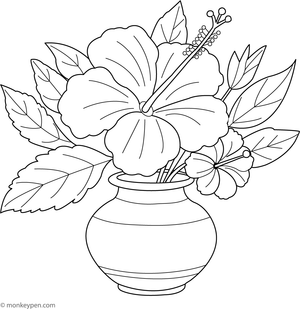 Coloring page of hibiscus flowers arranged in a simple vase, suitable for children.
