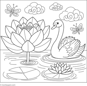 Coloring page of an elegant swan gliding past a blooming lotus flower.
