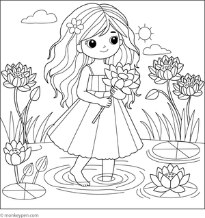 Coloring page of a girl holding or admiring a lotus flower.
