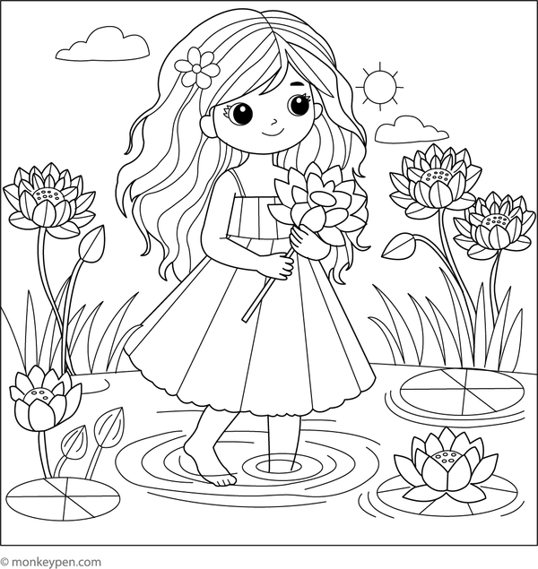 Coloring page of a girl holding or admiring a lotus flower.
