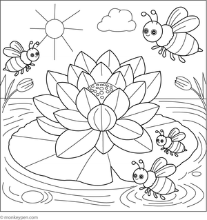 Printable coloring page of a blooming lotus surrounded by buzzing bees.
