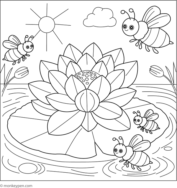 Printable coloring page of a blooming lotus surrounded by buzzing bees.
